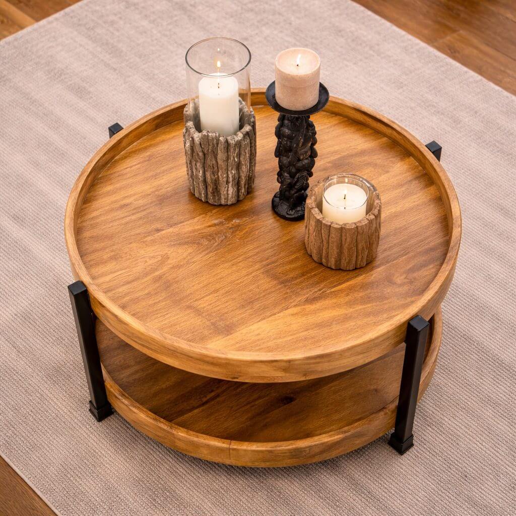Salontafel mangohout rond 79 cm – industrieel hout & staal - Afbeelding 2