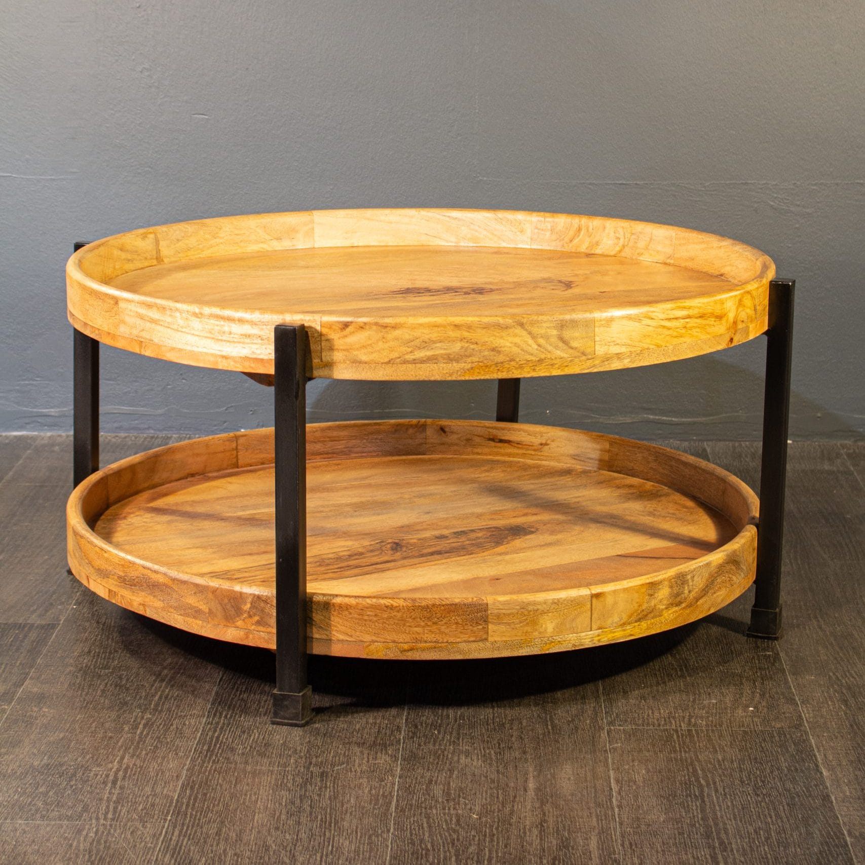 Salontafel mangohout rond 79 cm – industrieel hout & staal - Afbeelding 3